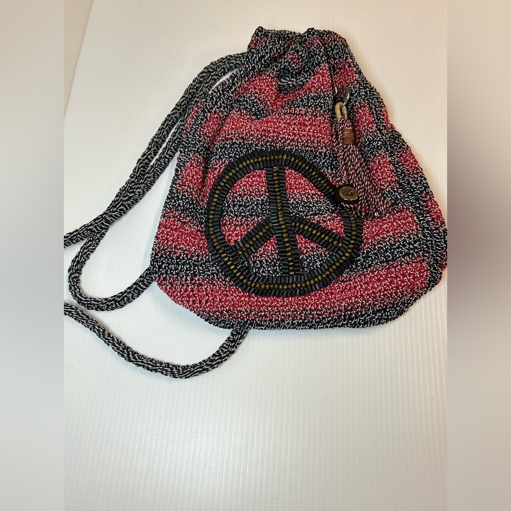 The Sak Crochet Backpack Purse With Peace Sign Red Blue